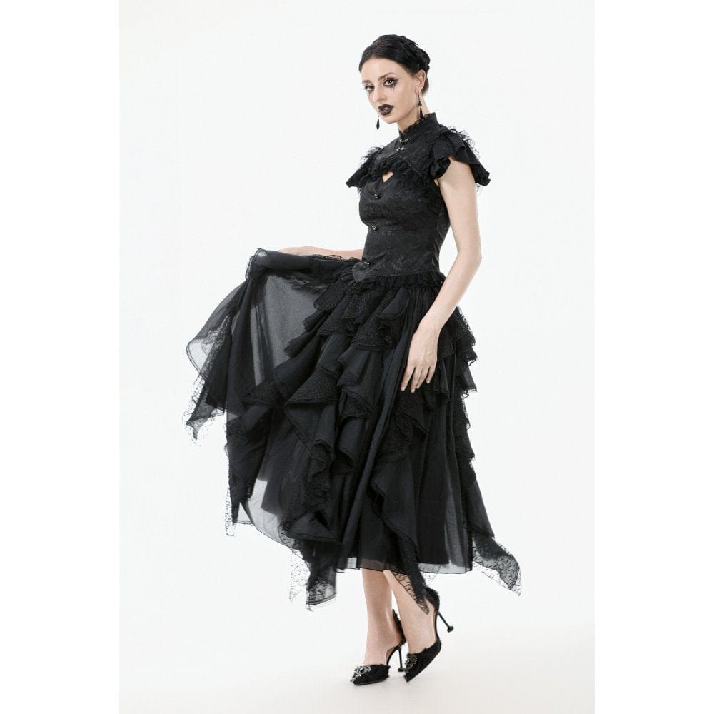 Darkinlove Women's Gothic Cutout Lace Ruffles Jacquard Short Sleeved Shirt