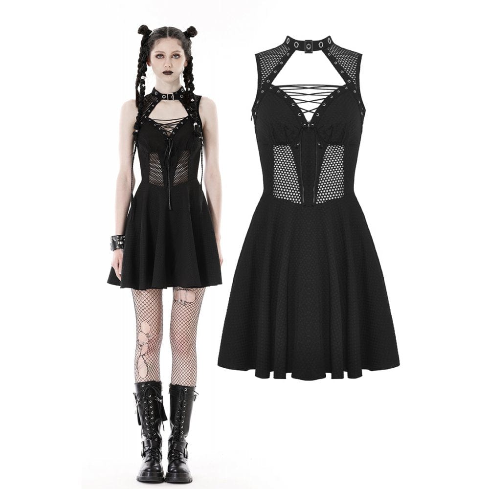 Darkinlove Women's Gothic Cutout Mesh Splice Buckle Dress