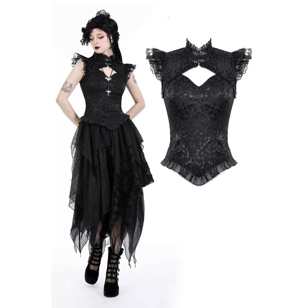 Darkinlove Women's Gothic Cutout Stand Collar Ruffled Tank Top