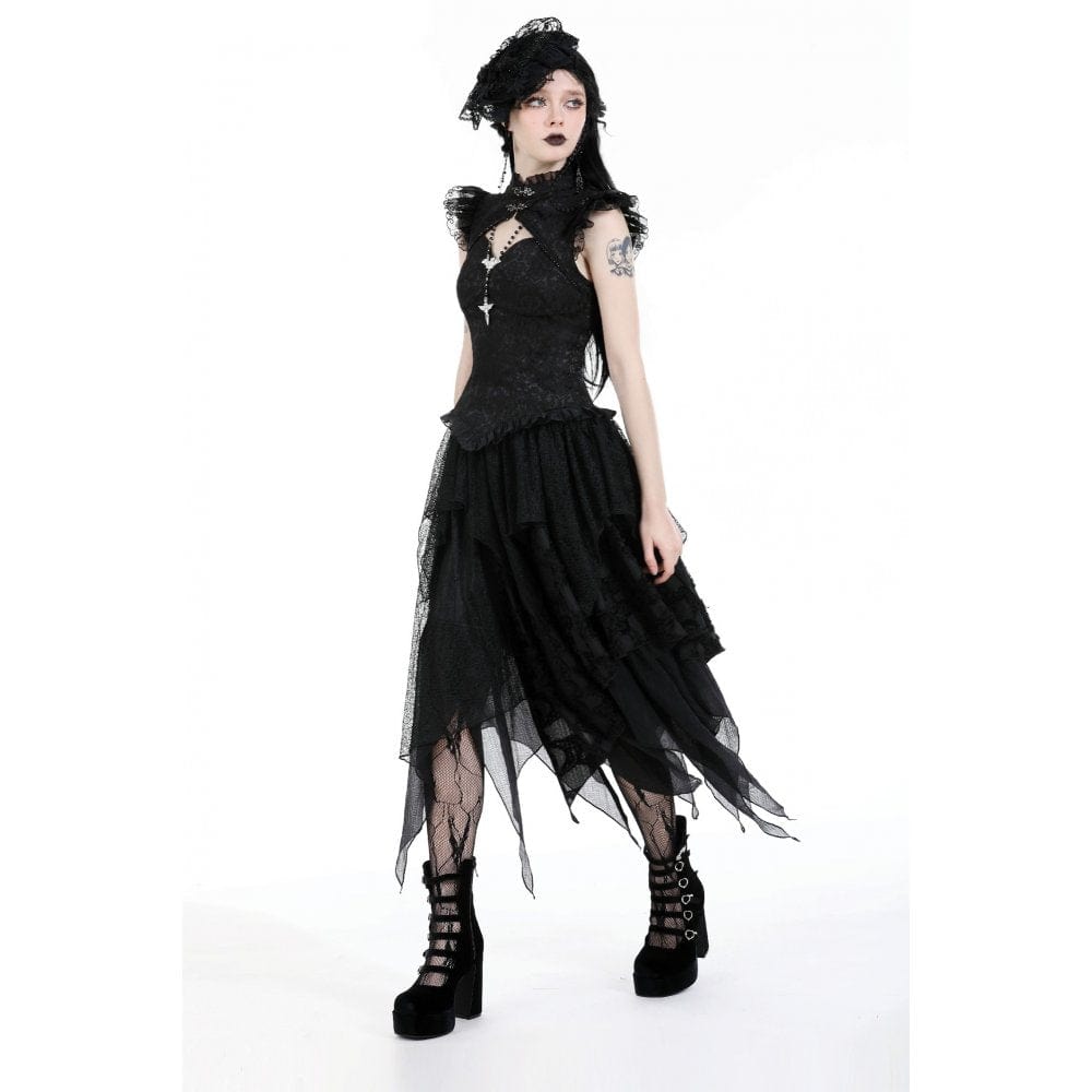 Darkinlove Women's Gothic Cutout Stand Collar Ruffled Tank Top