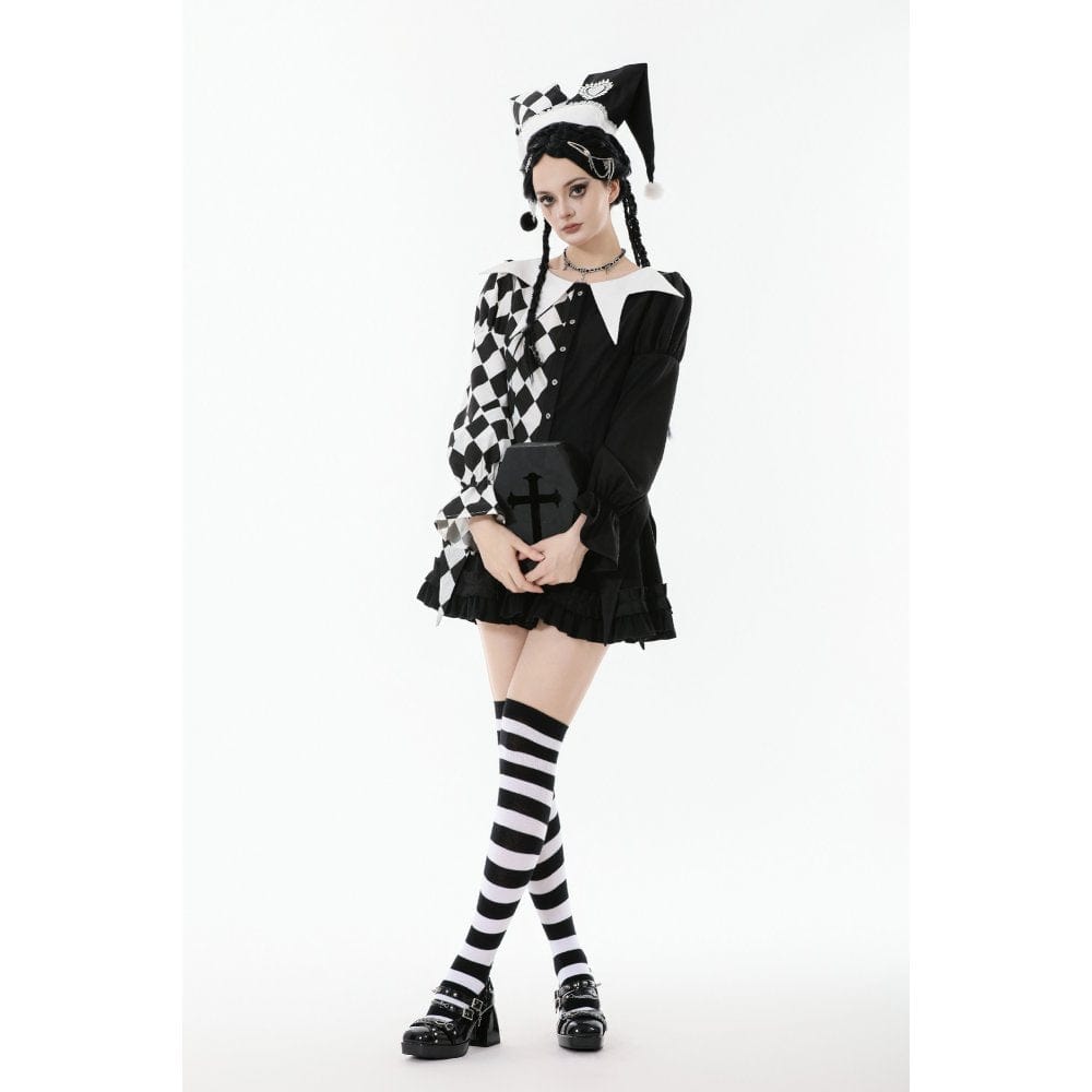 Darkinlove Women's Gothic Diamond Pattern Contrast Color Long Sleeved Shirt