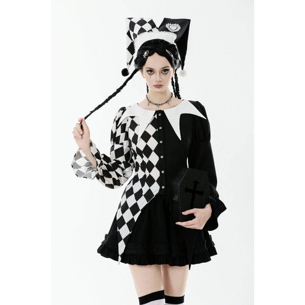 Darkinlove Women's Gothic Diamond Pattern Contrast Color Long Sleeved Shirt