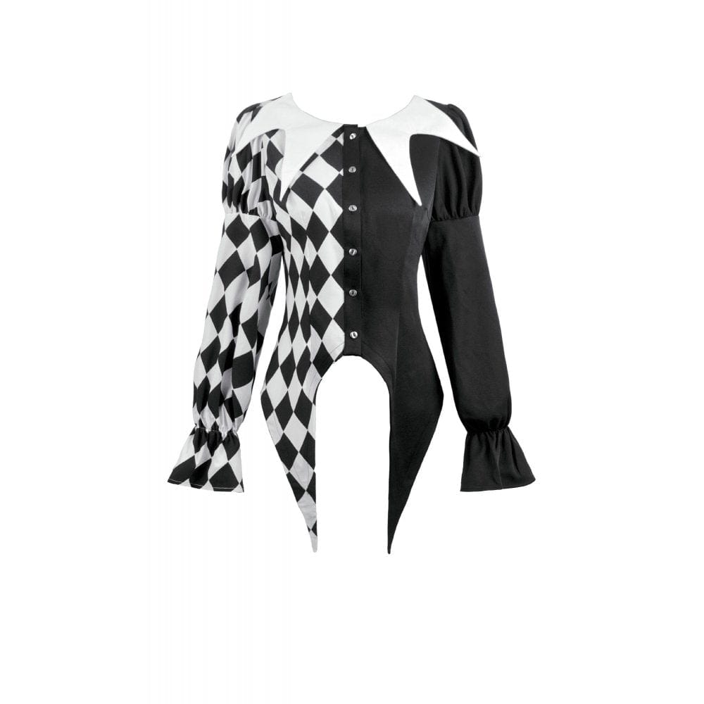 Darkinlove Women's Gothic Diamond Pattern Contrast Color Long Sleeved Shirt