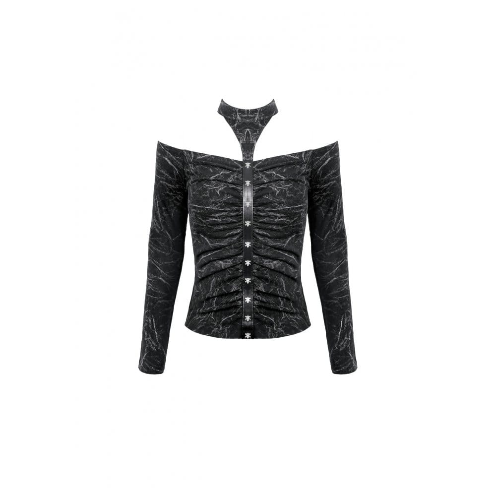 Darkinlove Women's Gothic Distressed Texture Ruched Off‑shoulder Halter Long Sleeve Top