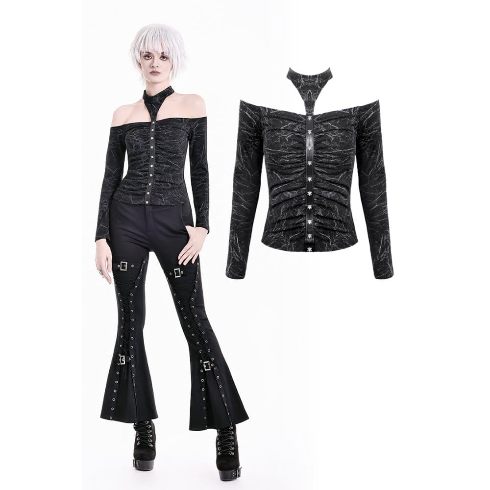 Darkinlove Women's Gothic Distressed Texture Ruched Off‑shoulder Halter Long Sleeve Top