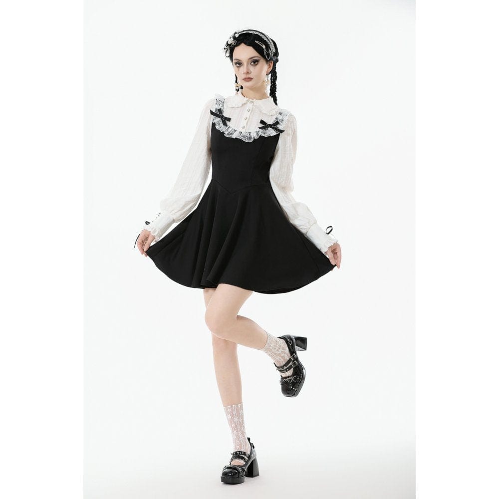 Darkinlove Women's Gothic Doll Collar Faux Two-Piece Long Sleeved Dress