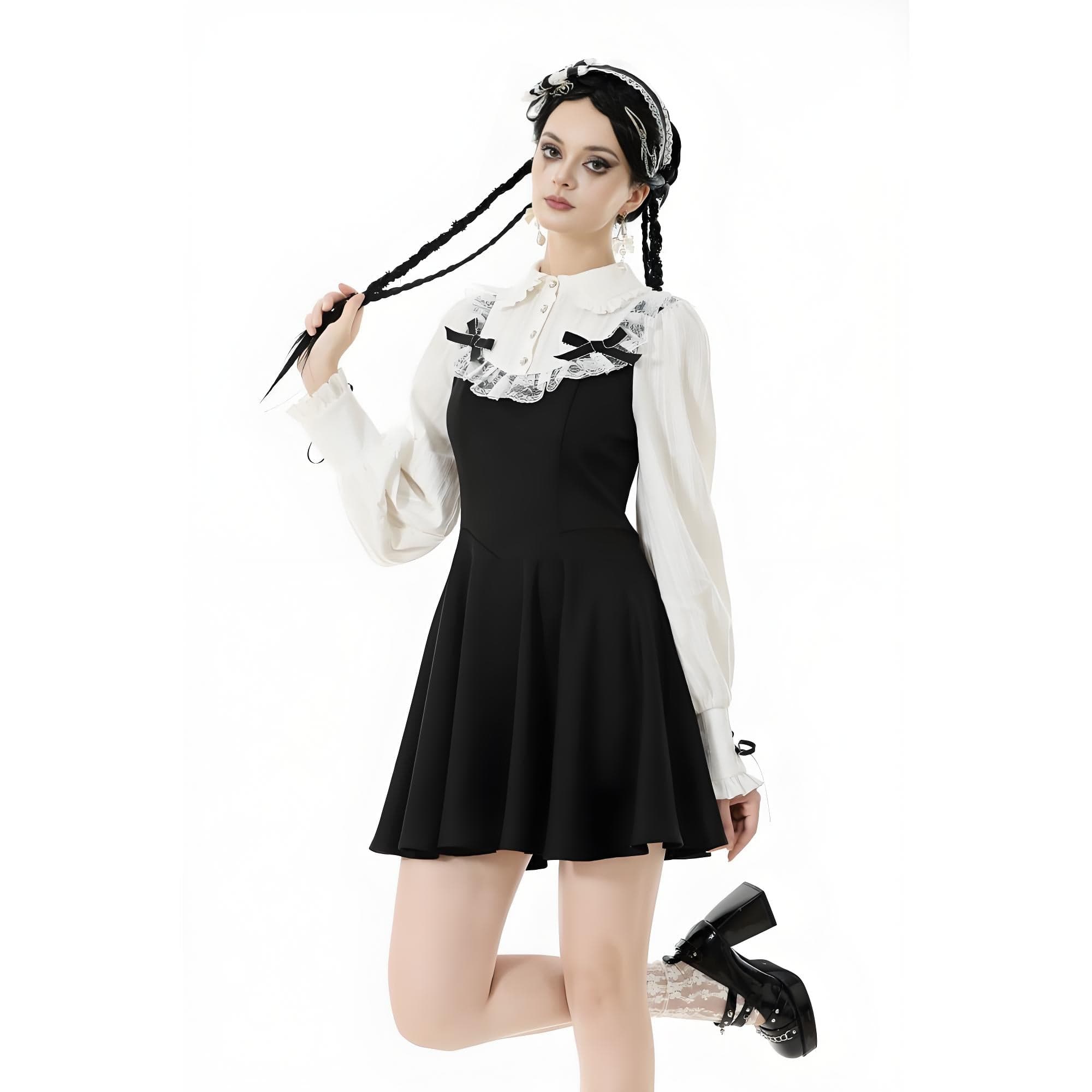 Darkinlove Women's Gothic Doll Collar Faux Two-Piece Long Sleeved Dress