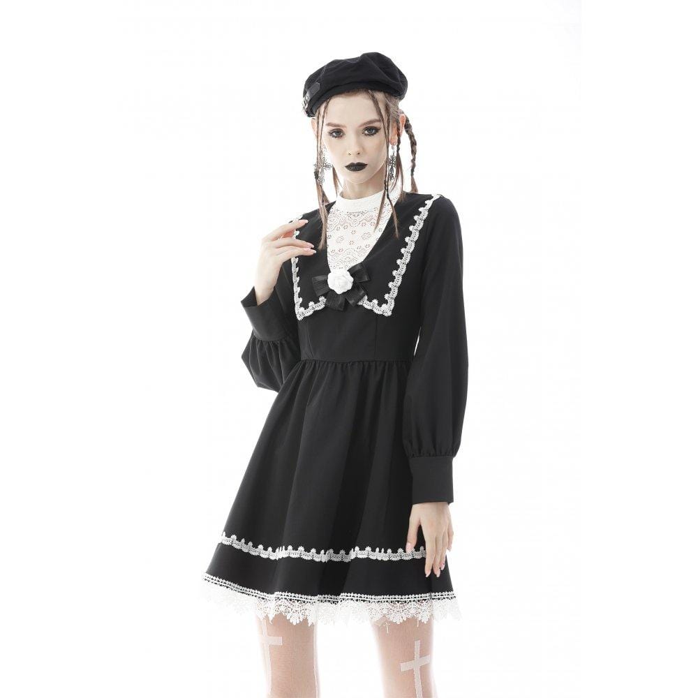 Darkinlove Women's Gothic Doll Collar Puff Sleeved Bowknot Dress