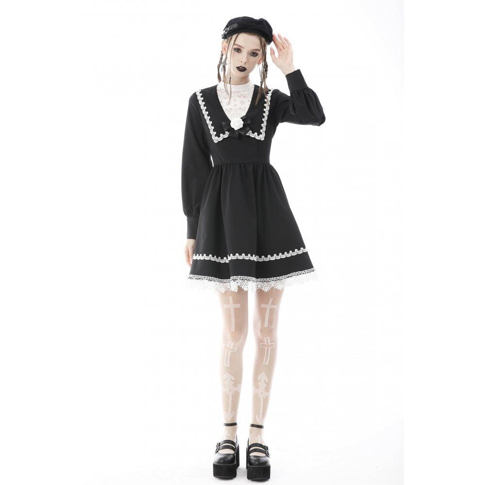 Darkinlove Women's Gothic Doll Collar Puff Sleeved Bowknot Dress