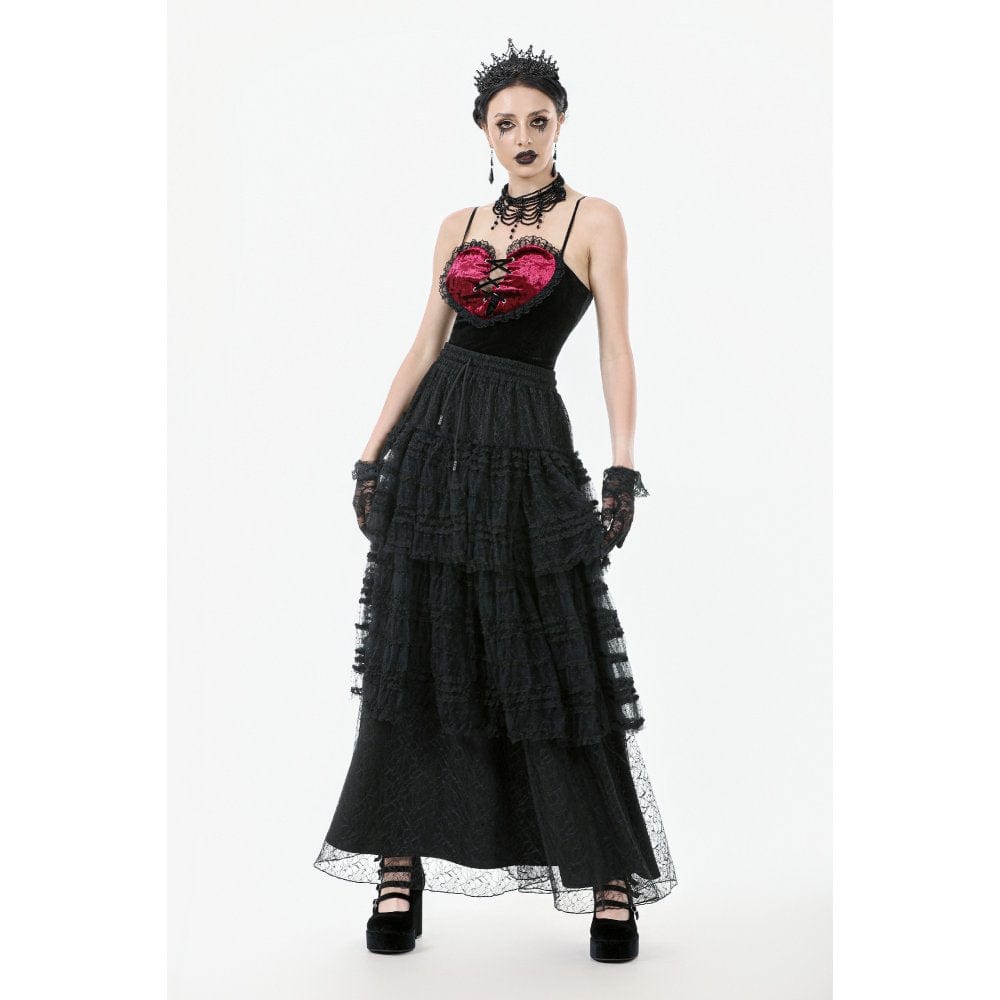 Darkinlove Women's Gothic Dot Multilayer Lace Maxi Skirt