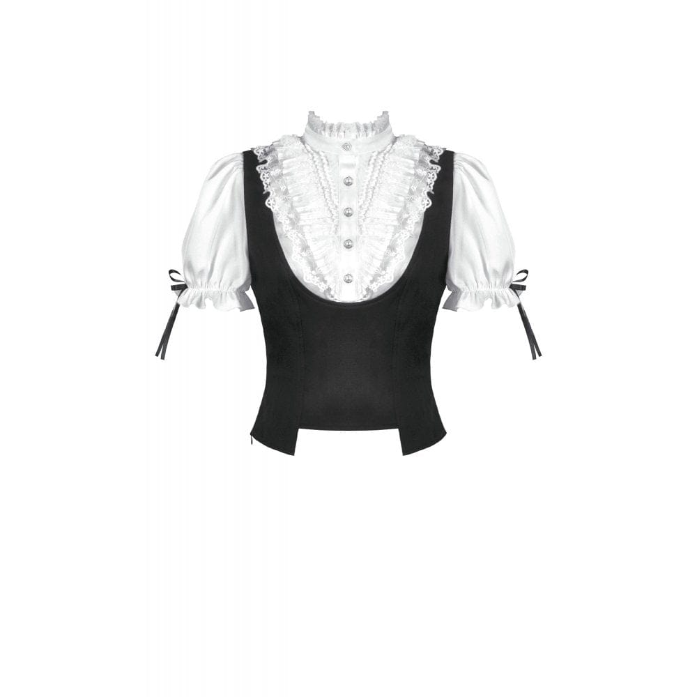 Darkinlove Women's Gothic Double Color Lace Ruffled Stand Collar Shirt