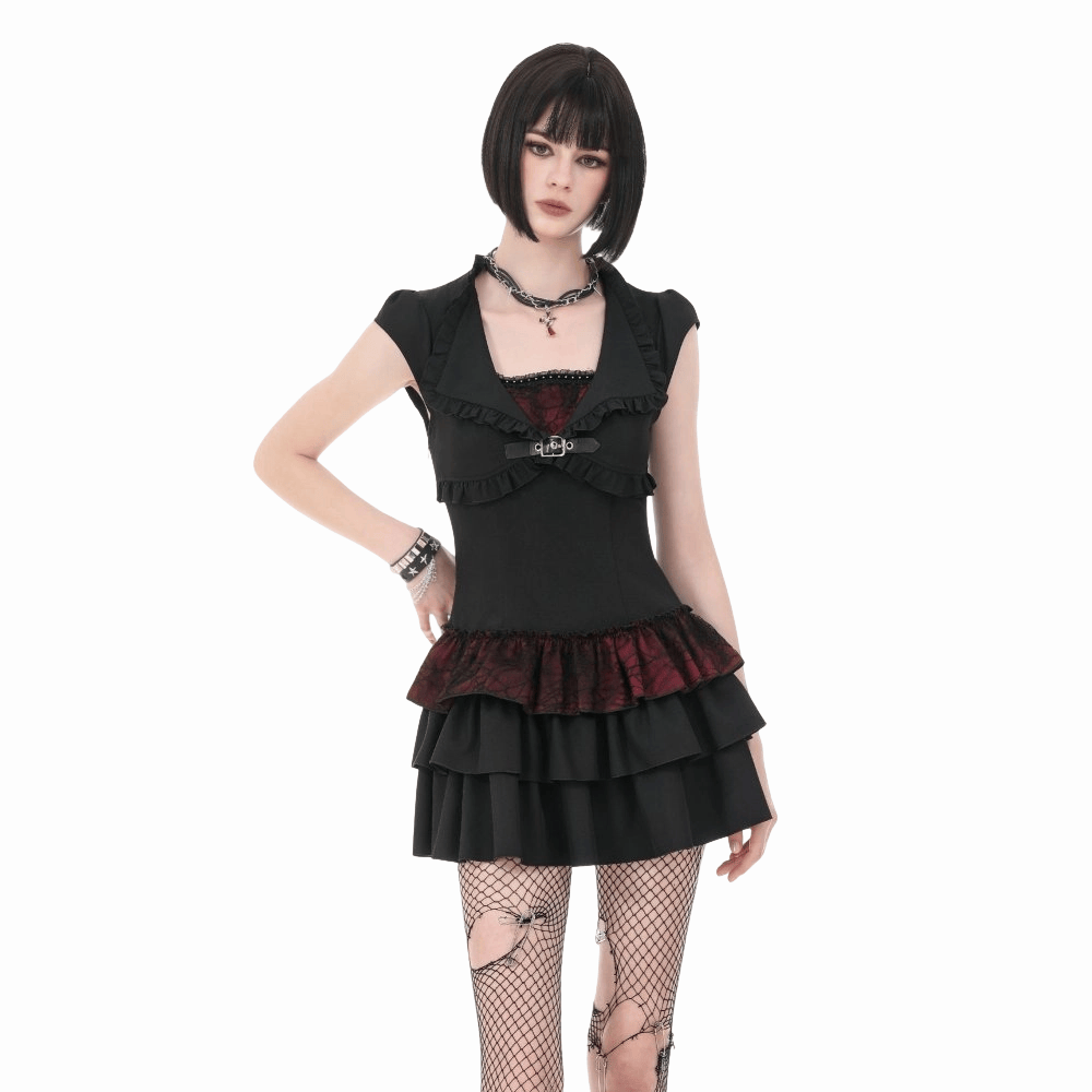 Darkinlove Women's Gothic Double Color Ruffled Short Sleeve Dress