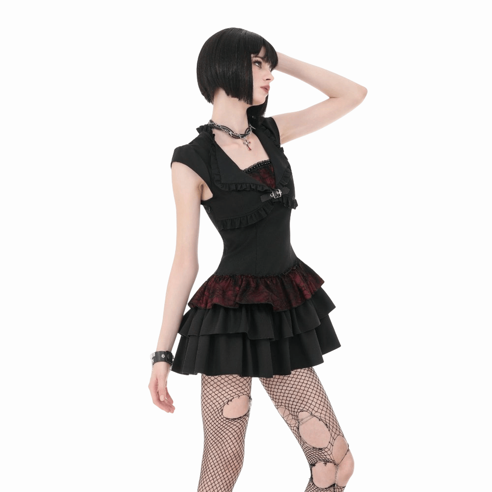 Darkinlove Women's Gothic Double Color Ruffled Short Sleeve Dress