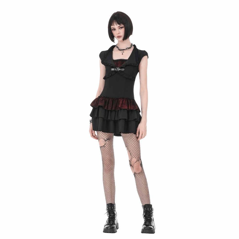 Darkinlove Women's Gothic Double Color Ruffled Short Sleeve Dress