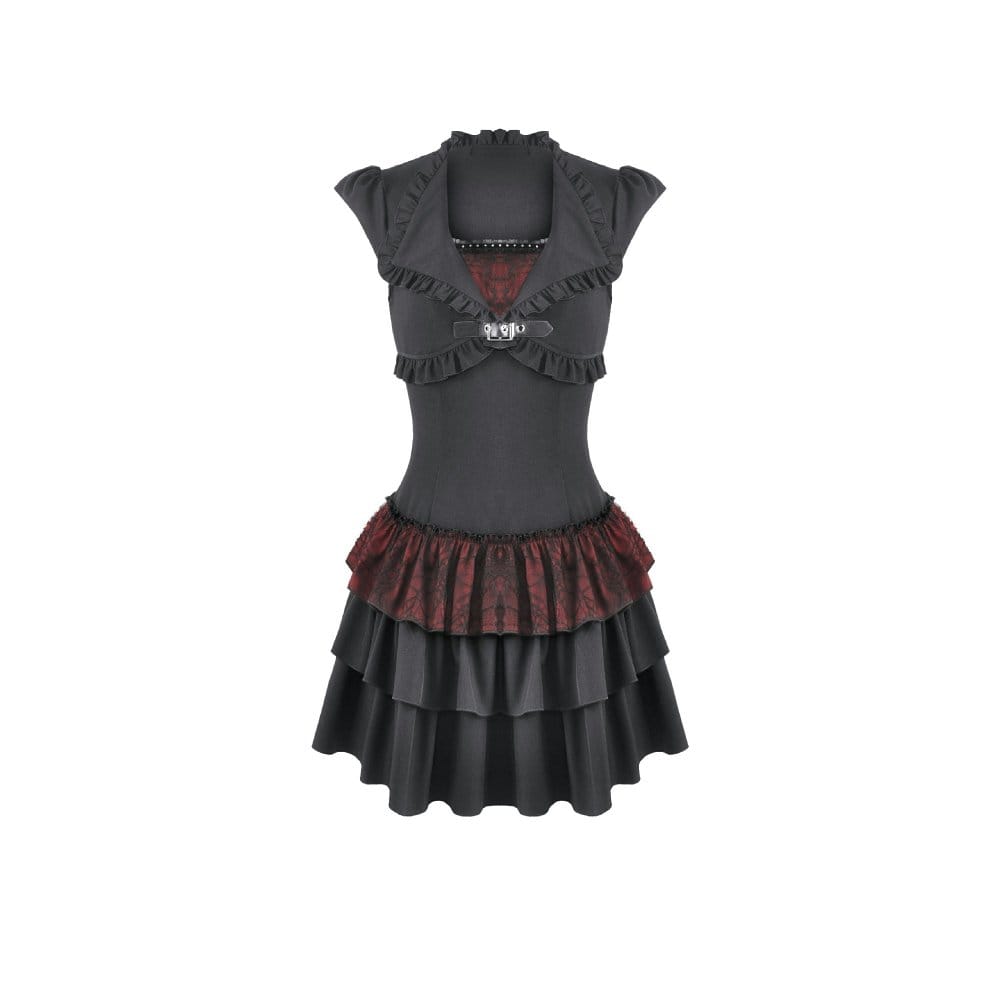 Darkinlove Women's Gothic Double Color Ruffled Short Sleeve Dress