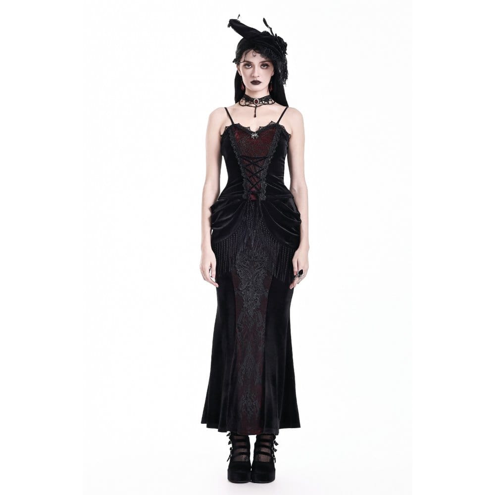 Darkinlove Women's Gothic Draped Tassel Velvet Mermaid Skirt