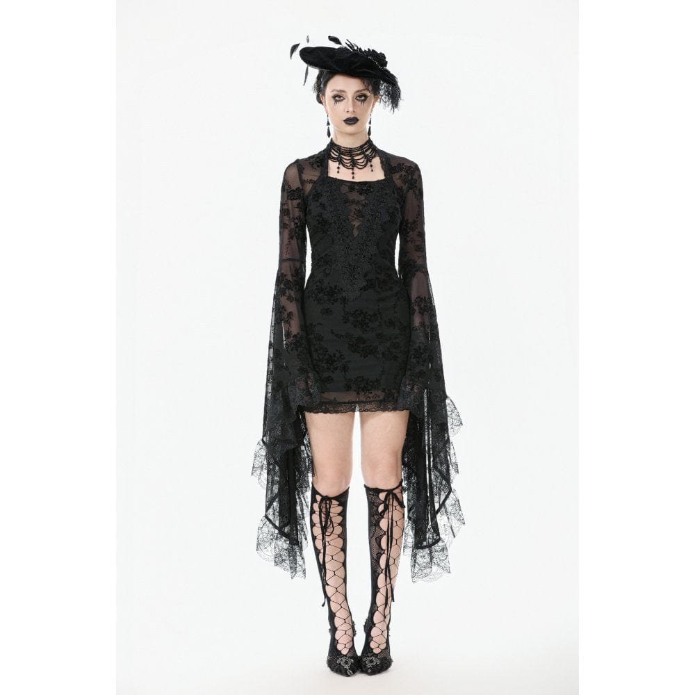 Darkinlove Women's Gothic Embroidered Floral Mesh Square-cut Collar Dress