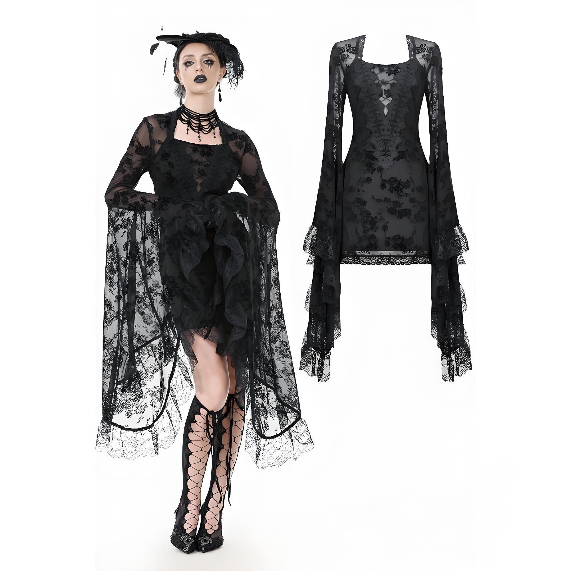 Darkinlove Women's Gothic Embroidered Floral Mesh Square-cut Collar Dress