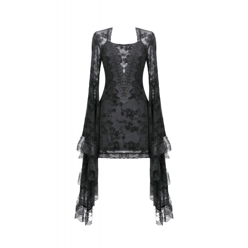 Darkinlove Women's Gothic Embroidered Floral Mesh Square-cut Collar Dress