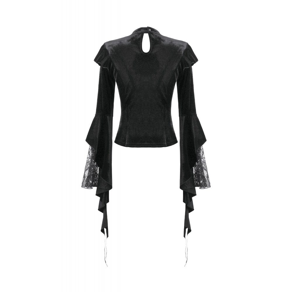 Darkinlove Women's Gothic Embroidered Mesh Splice Sheer Velvet Top