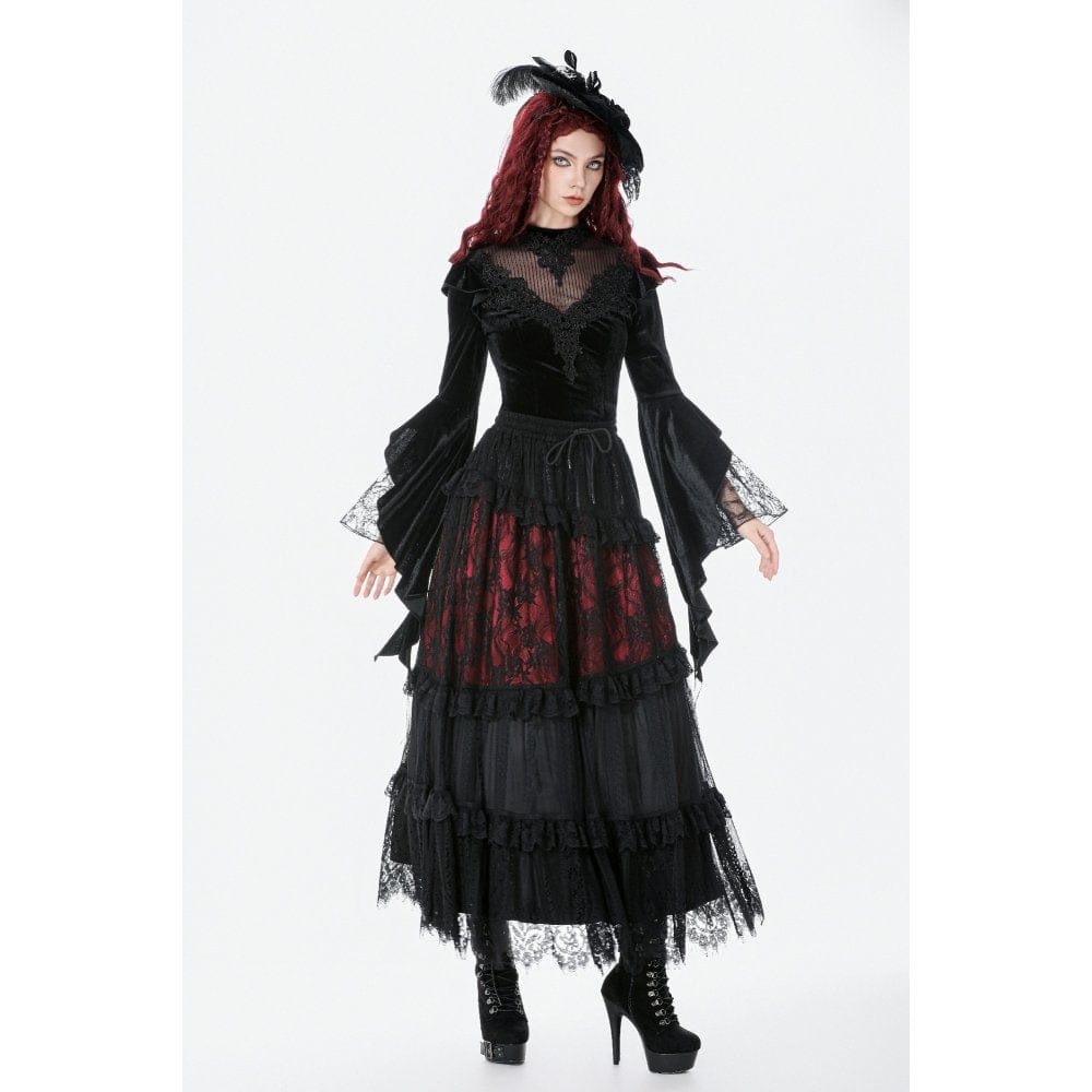 Darkinlove Women's Gothic Embroidered Mesh Splice Sheer Velvet Top