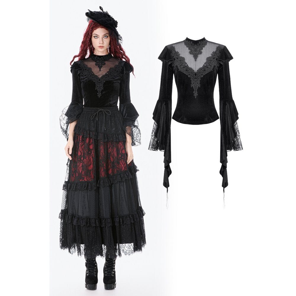 Darkinlove Women's Gothic Embroidered Mesh Splice Sheer Velvet Top