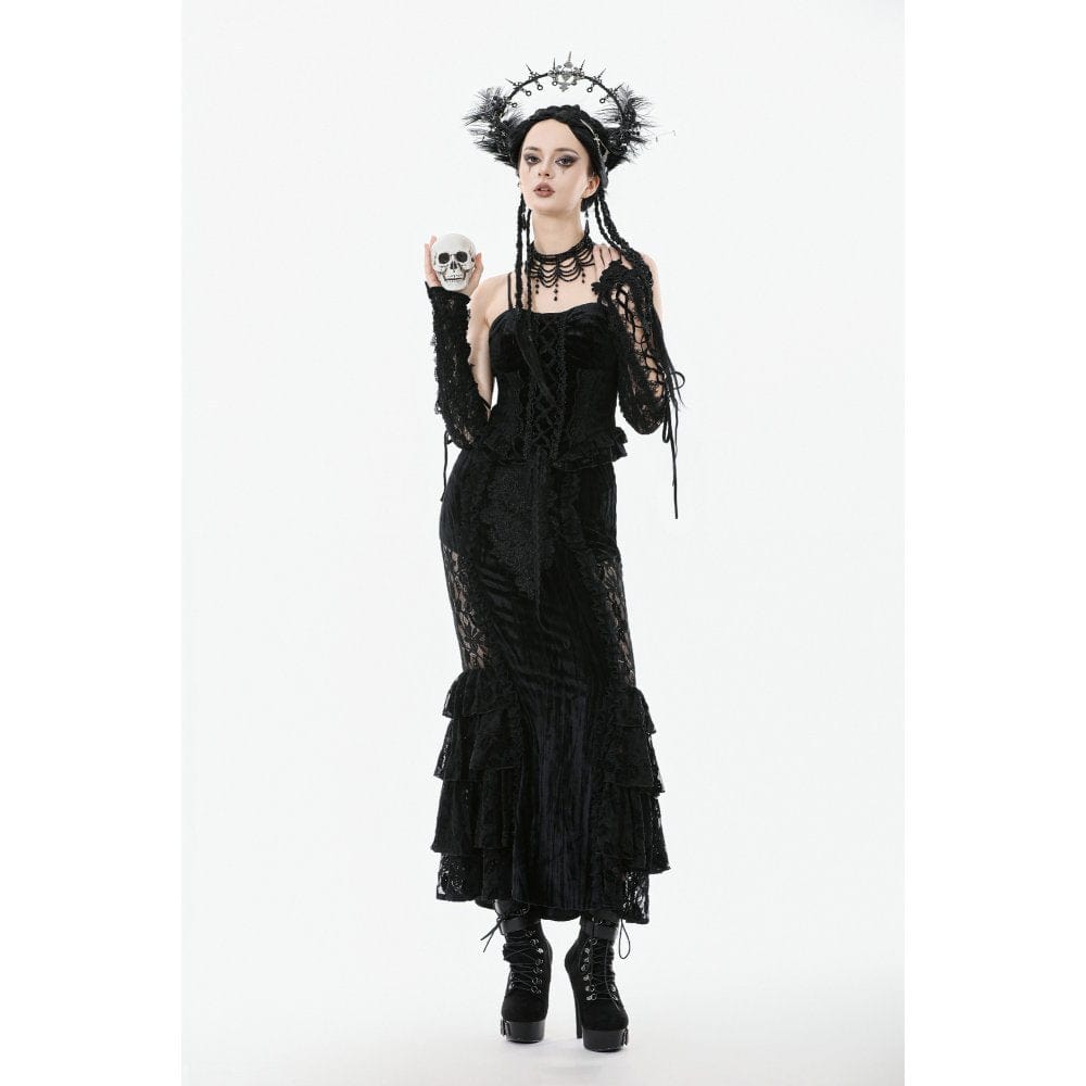 Darkinlove Women's Gothic Embroidered Ruffled Velvet Bustier