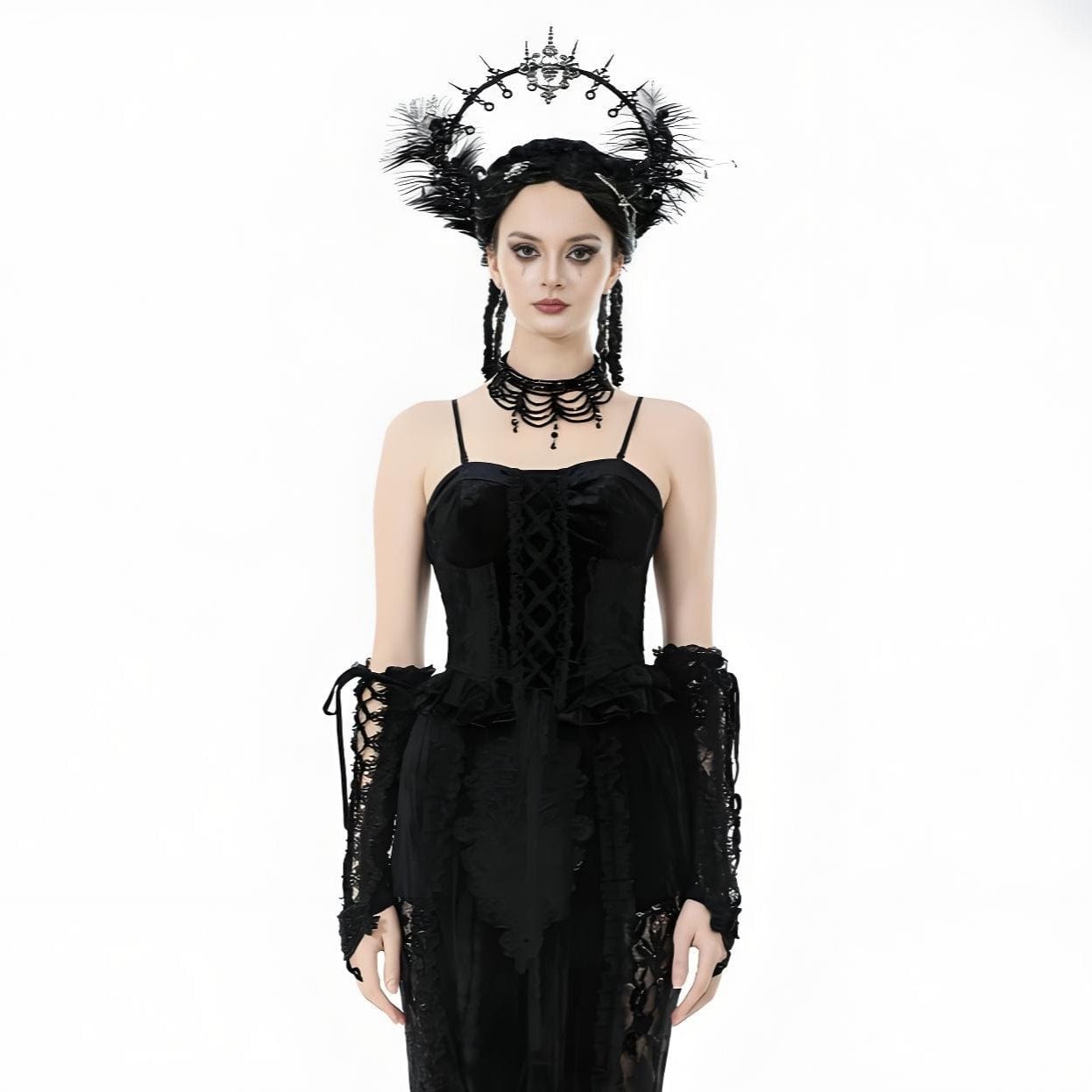 Darkinlove Women's Gothic Embroidered Ruffled Velvet Bustier