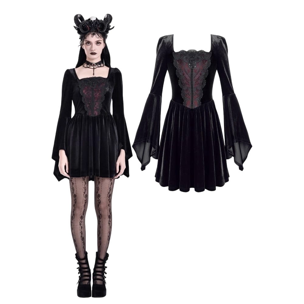 Darkinlove Women's Gothic Embroidered Square Neck Bell Sleeve Velvet Short Dress
