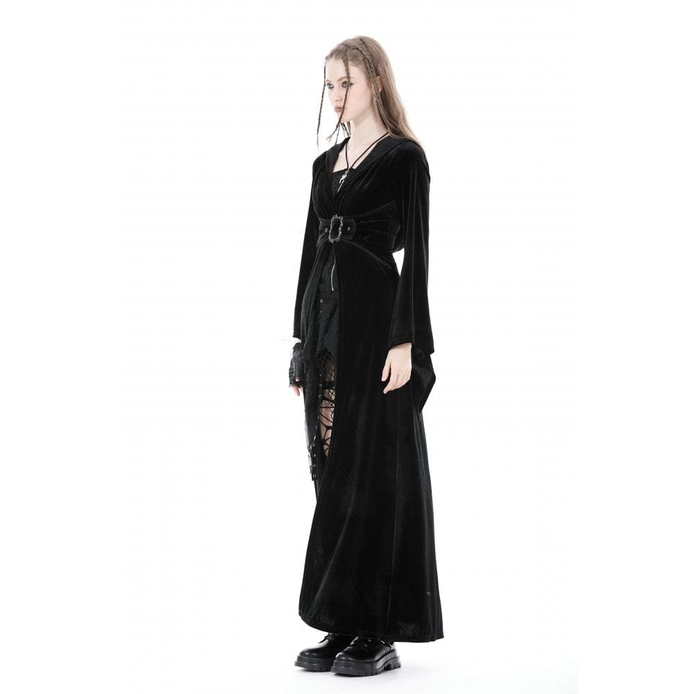 Darkinlove Women's Gothic Flared Sleeved Buckle Velvet Coat with Hood