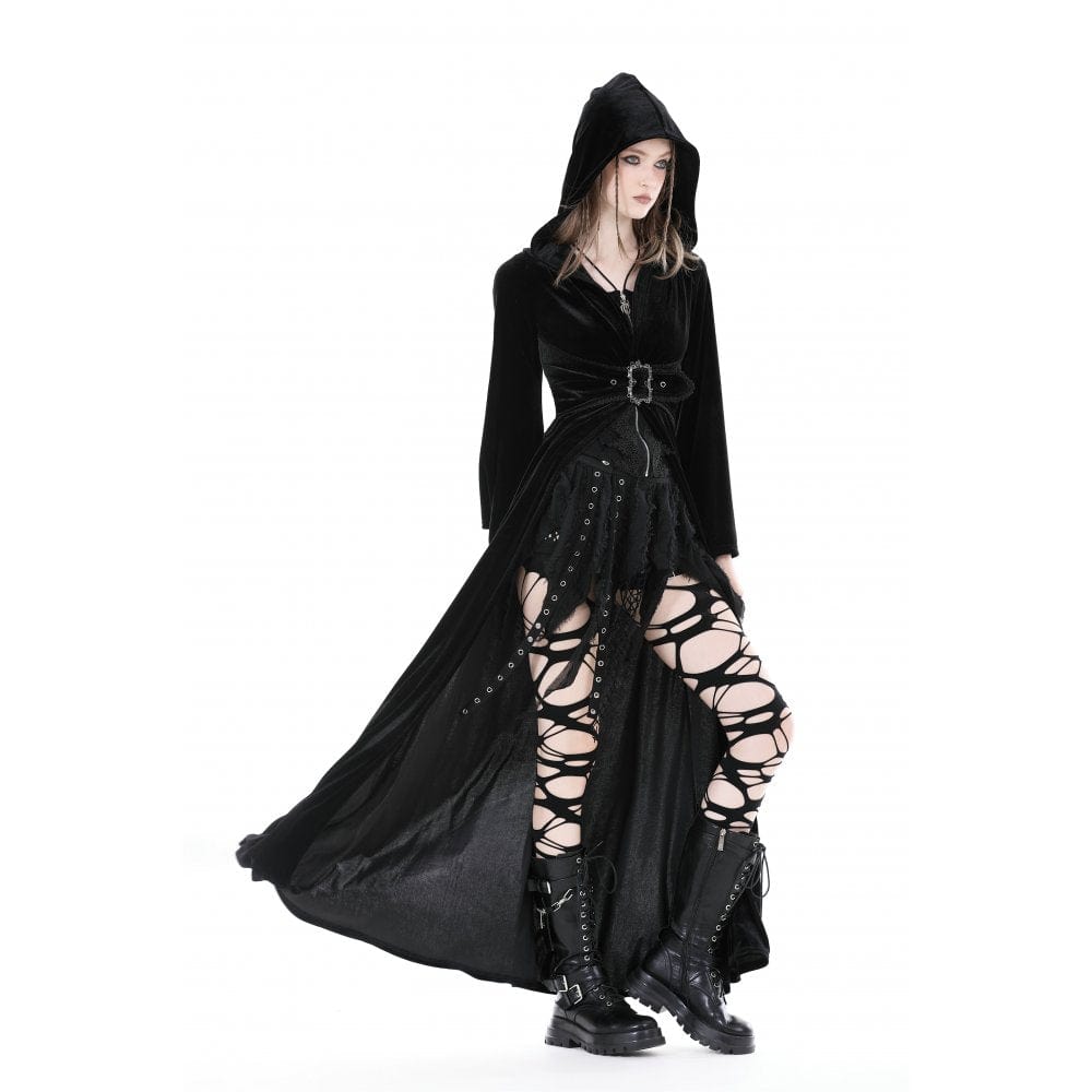 Darkinlove Women's Gothic Flared Sleeved Buckle Velvet Coat with Hood