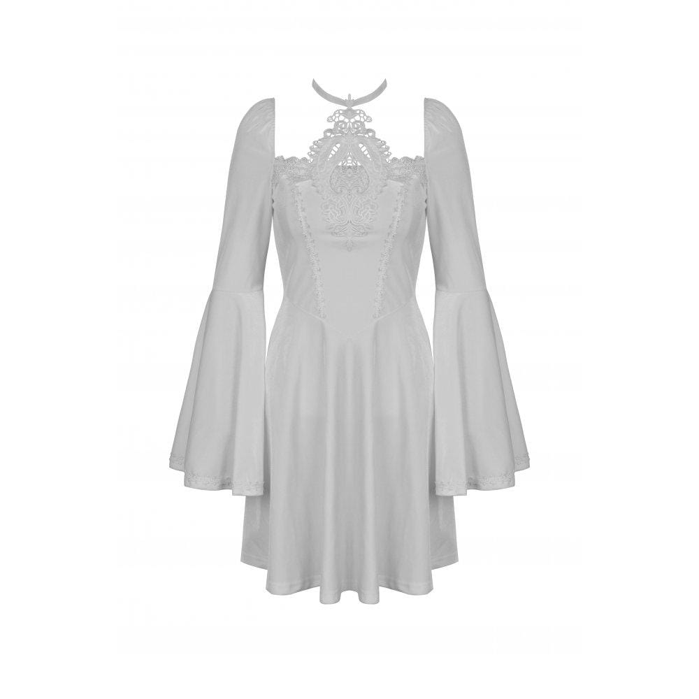 Darkinlove Women's Gothic Flared Sleeved Floral Embroidered Wedding Dress White