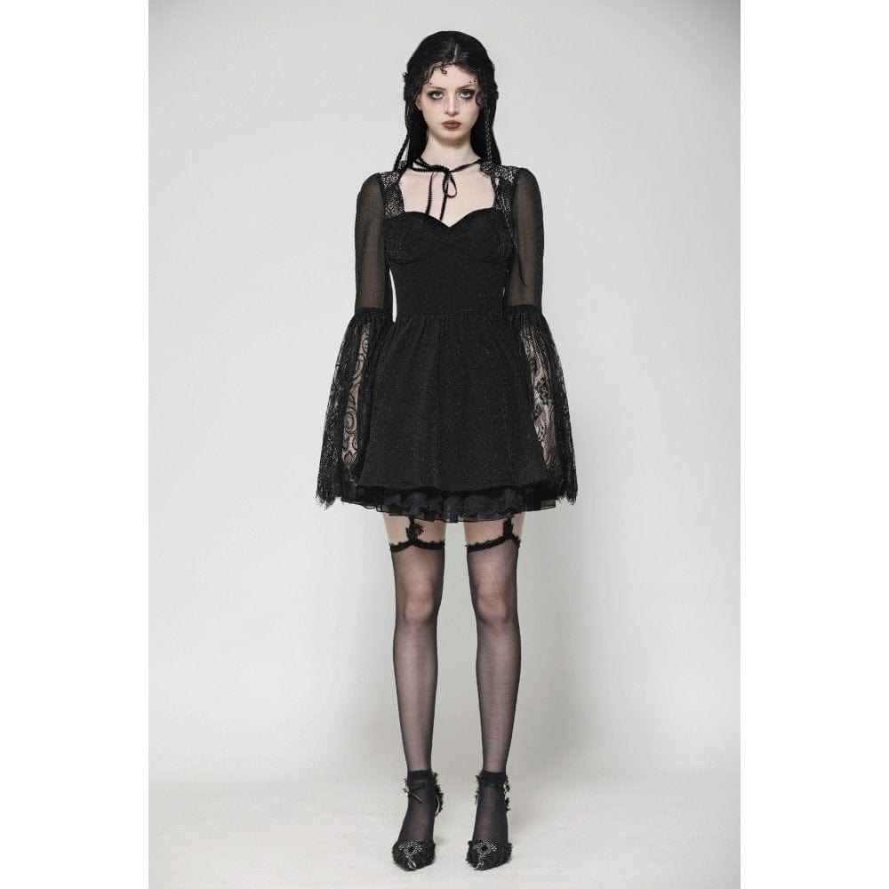 Darkinlove Women's Gothic Flared Sleeved Lace Splice Evening Dress