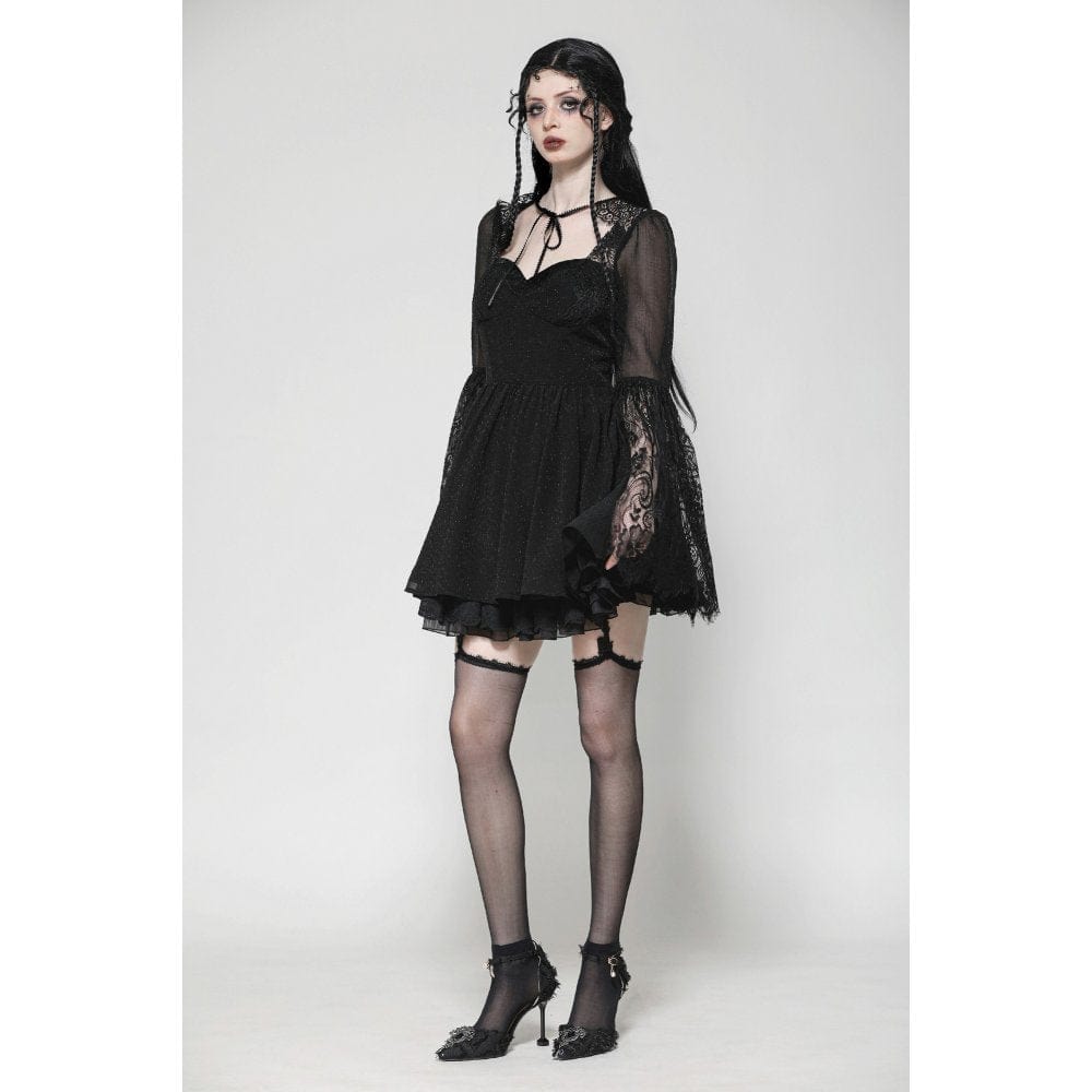 Darkinlove Women's Gothic Flared Sleeved Lace Splice Evening Dress
