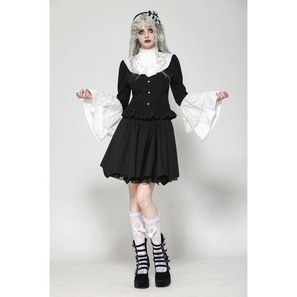 Darkinlove Women's Gothic Flared Sleeved Lace Splice Shirt