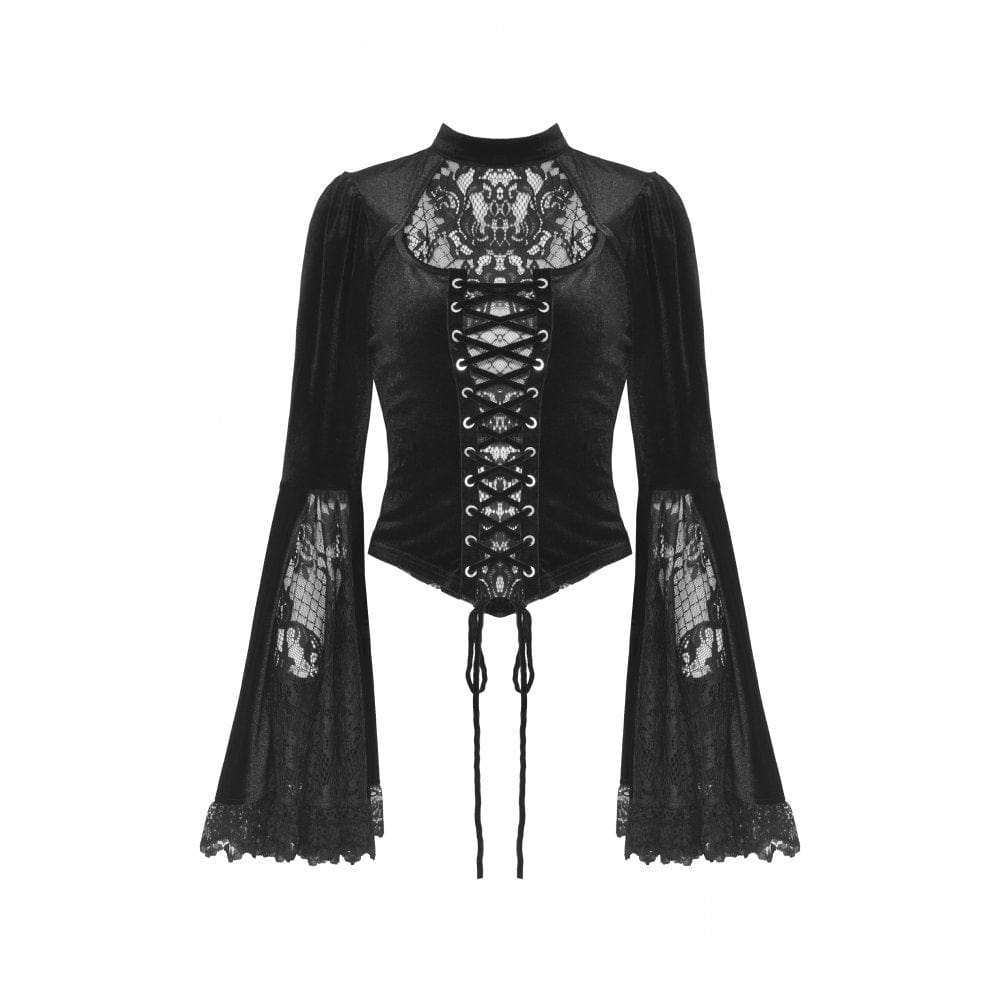 Darkinlove Women's Gothic Flared Sleeved Lace Splice Velvet Shirt