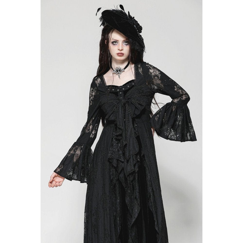 Darkinlove Women's Gothic Flared Sleeved Lace-up Lace Long Jacket