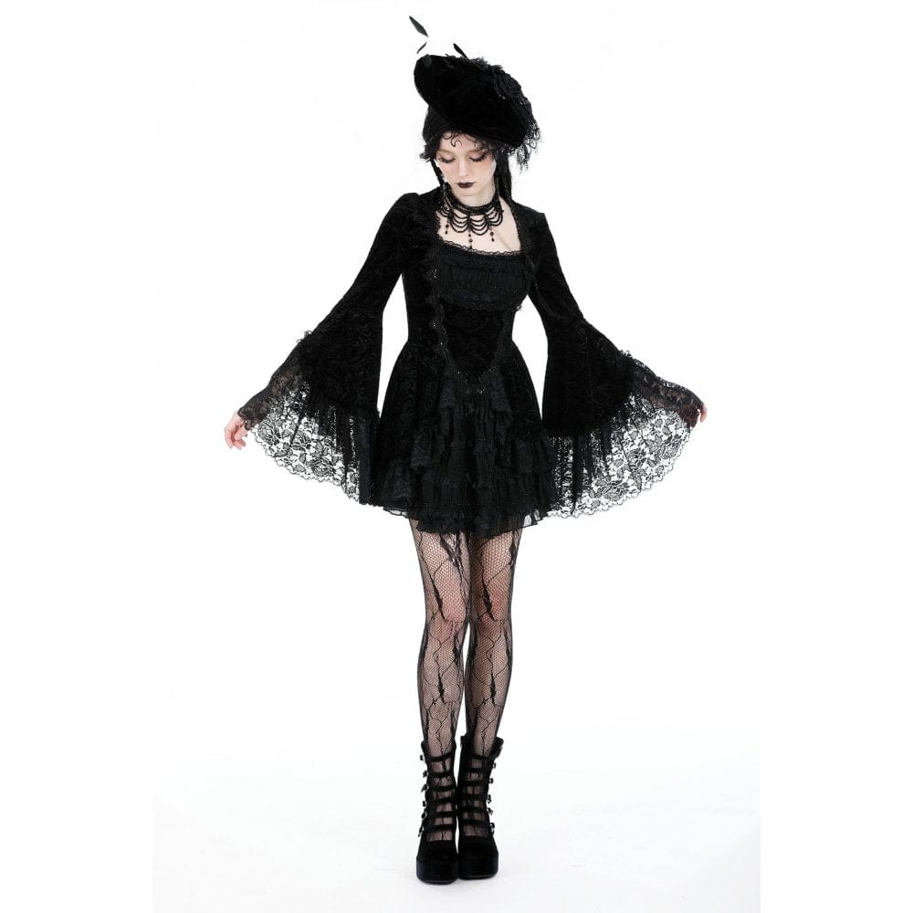 Darkinlove Women's Gothic Flared Sleeved Layered Velvet Dress