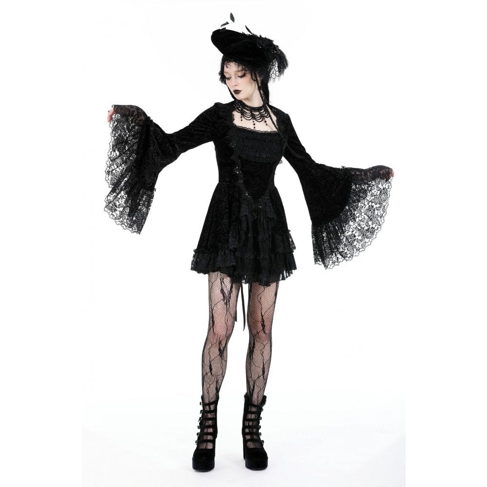 Darkinlove Women's Gothic Flared Sleeved Layered Velvet Dress