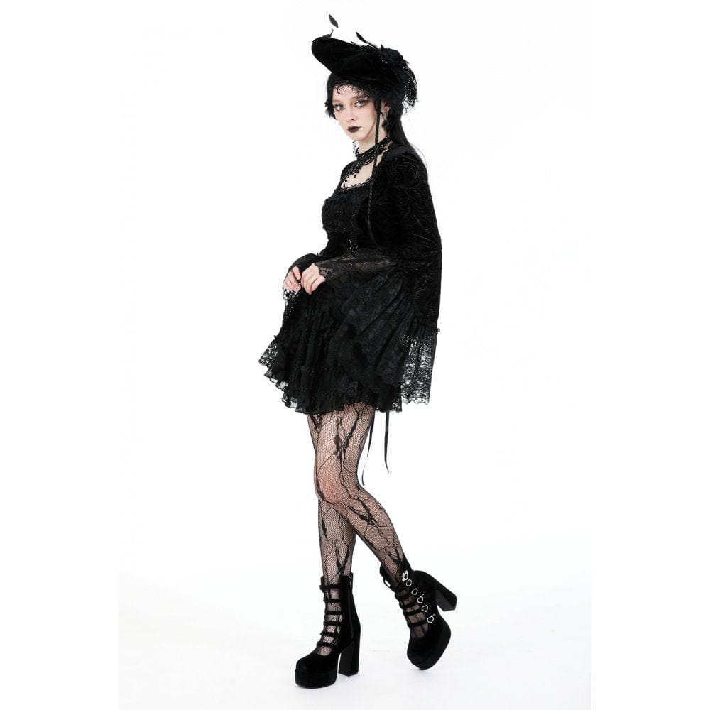 Darkinlove Women's Gothic Flared Sleeved Layered Velvet Dress
