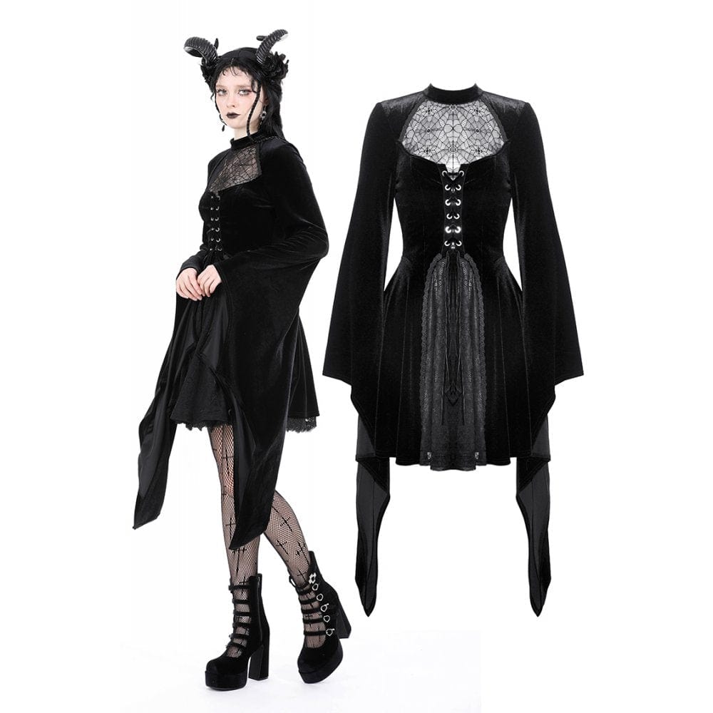 Darkinlove Women's Gothic Flared Sleeved Spider Mesh Splice Velvet Dress