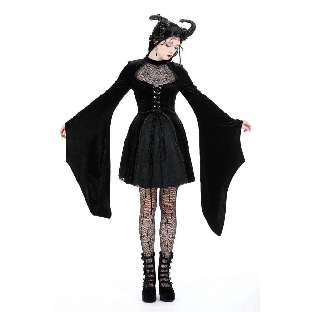 Darkinlove Women's Gothic Flared Sleeved Spider Mesh Splice Velvet Dress