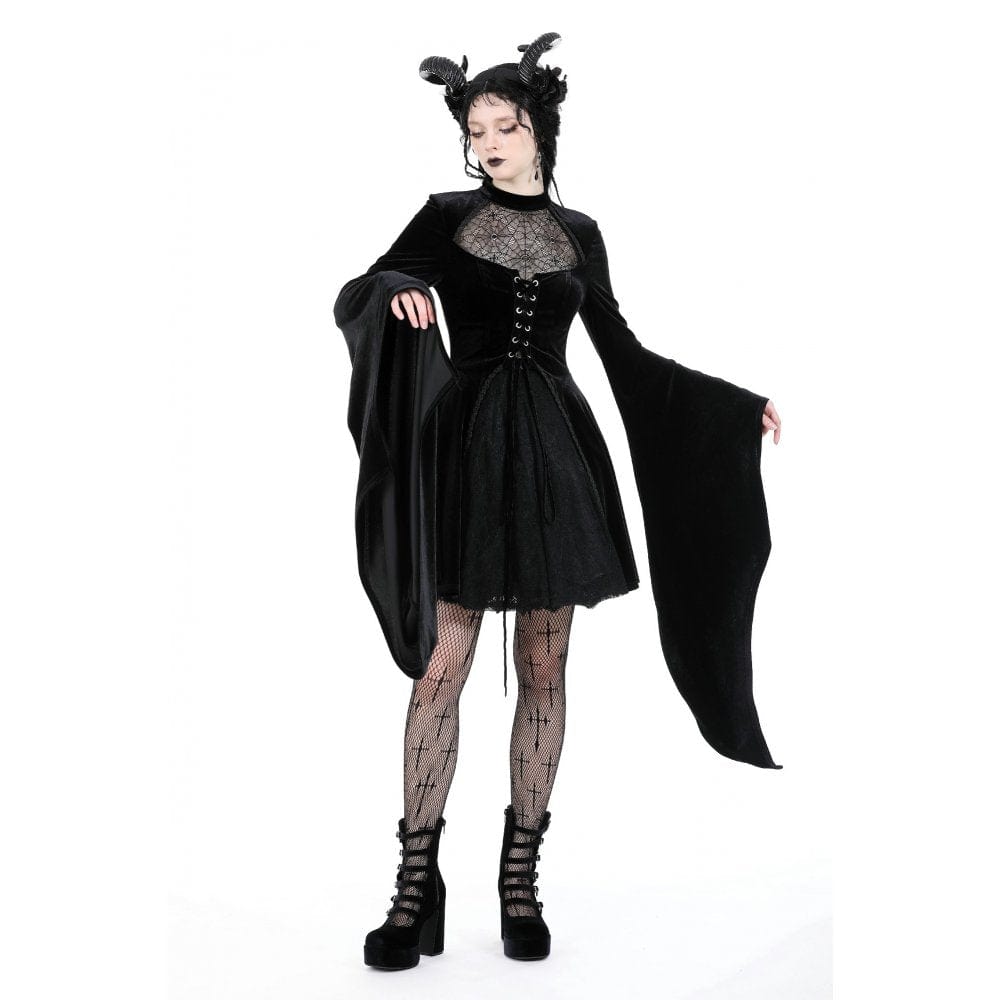 Darkinlove Women's Gothic Flared Sleeved Spider Mesh Splice Velvet Dress