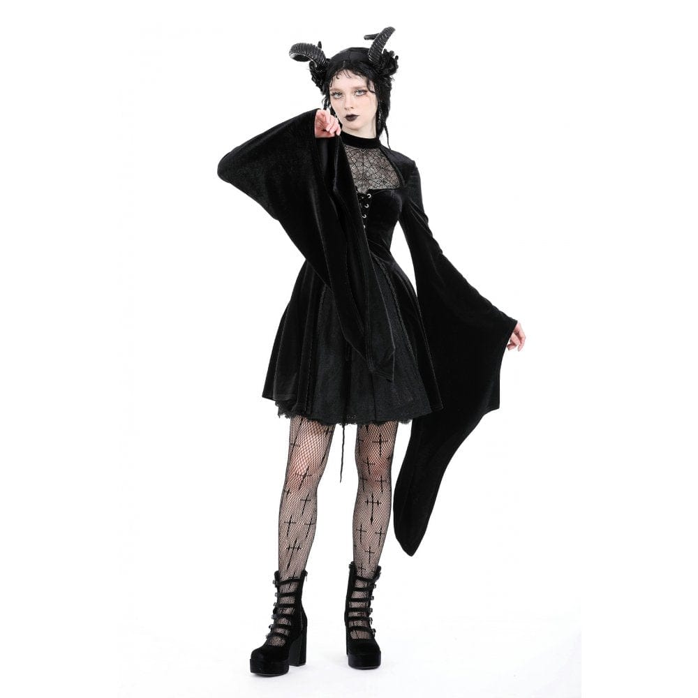 Darkinlove Women's Gothic Flared Sleeved Spider Mesh Splice Velvet Dress
