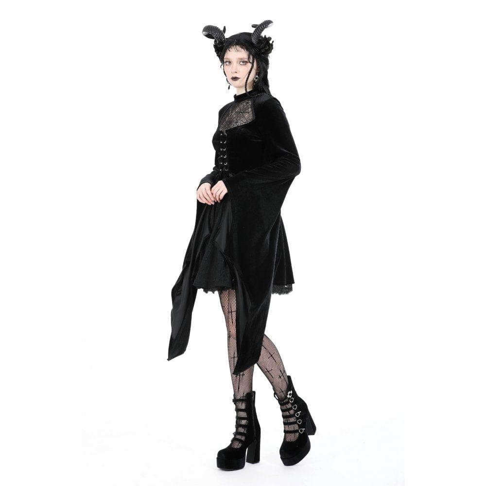 Darkinlove Women's Gothic Flared Sleeved Spider Mesh Splice Velvet Dress