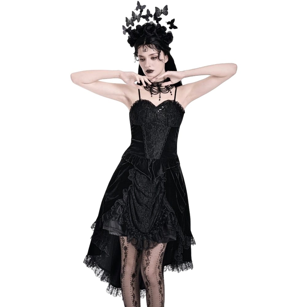 Darkinlove Women's Gothic Floral Butterfly Lace Splice Velvet Crop Top