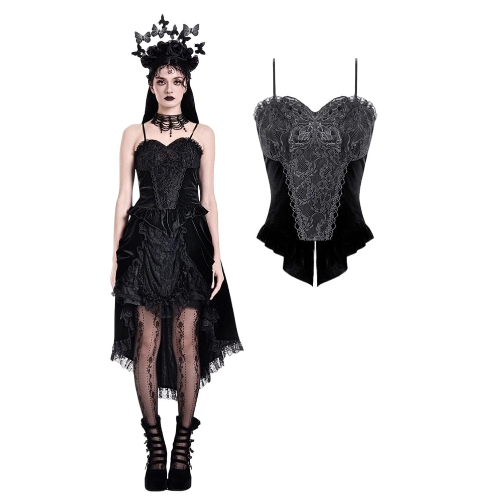 Darkinlove Women's Gothic Floral Butterfly Lace Splice Velvet Crop Top