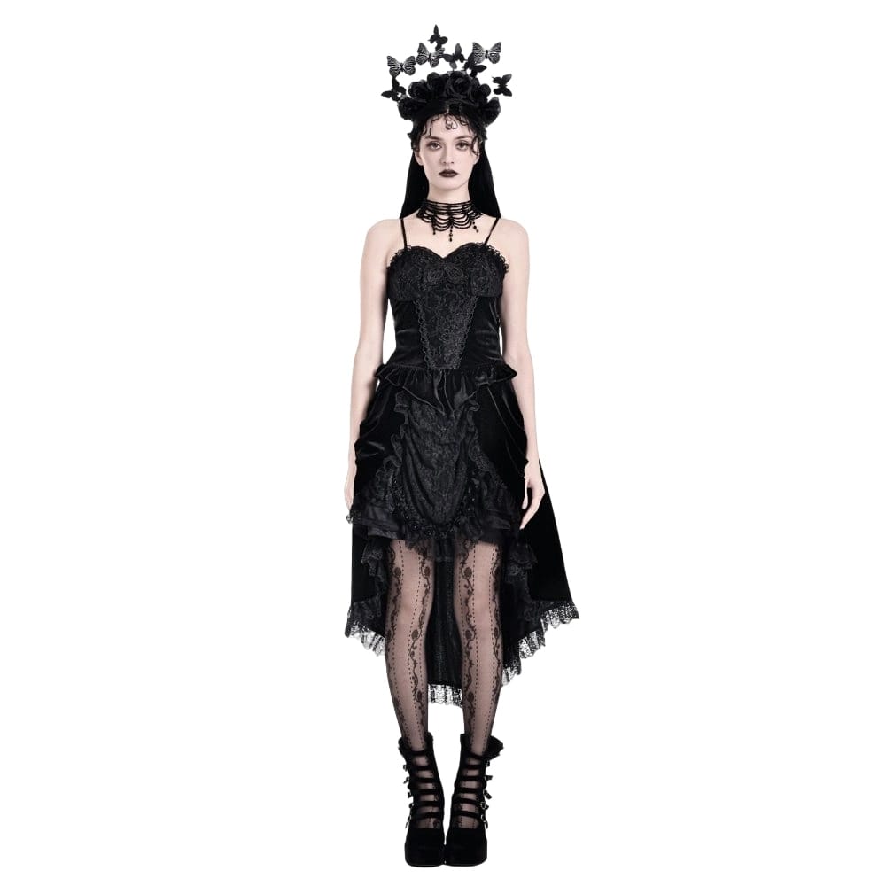 Darkinlove Women's Gothic Floral Butterfly Lace Splice Velvet Crop Top