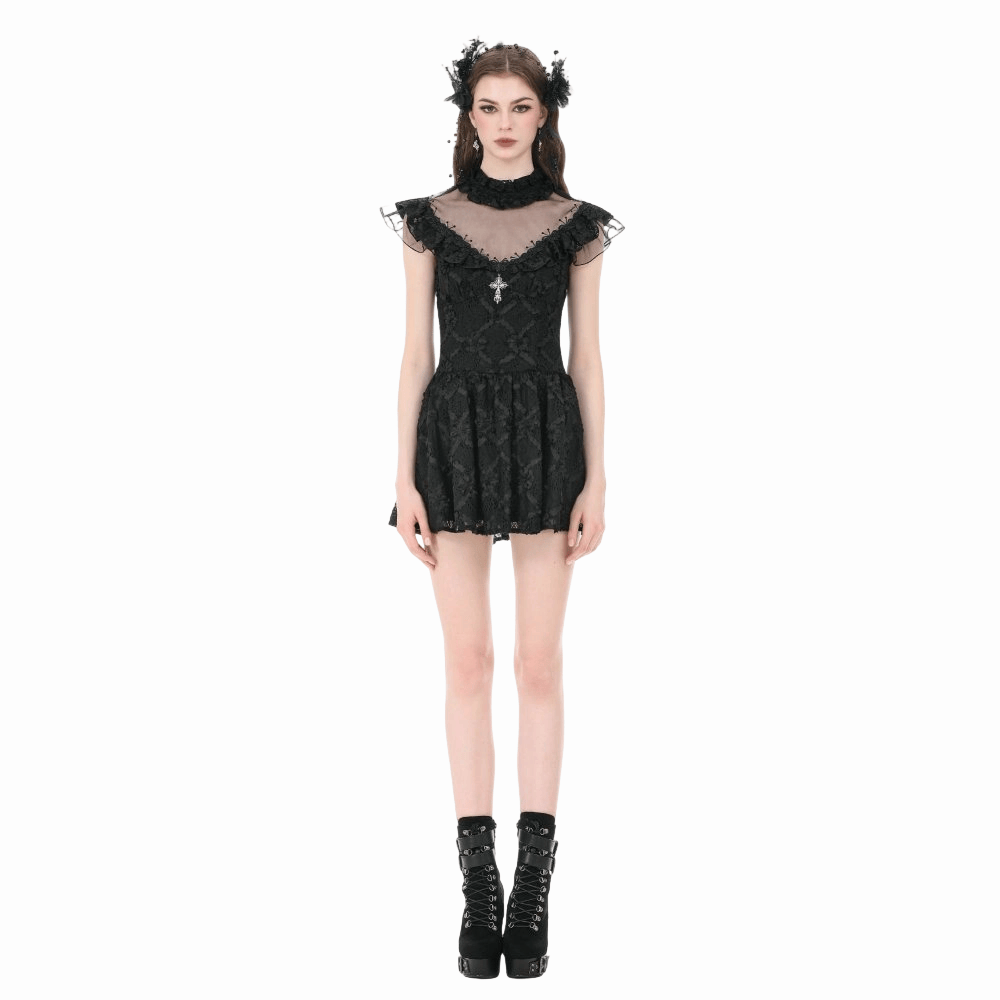 Darkinlove Women's Gothic Floral Cross Sheer Mesh Splice Short Dress