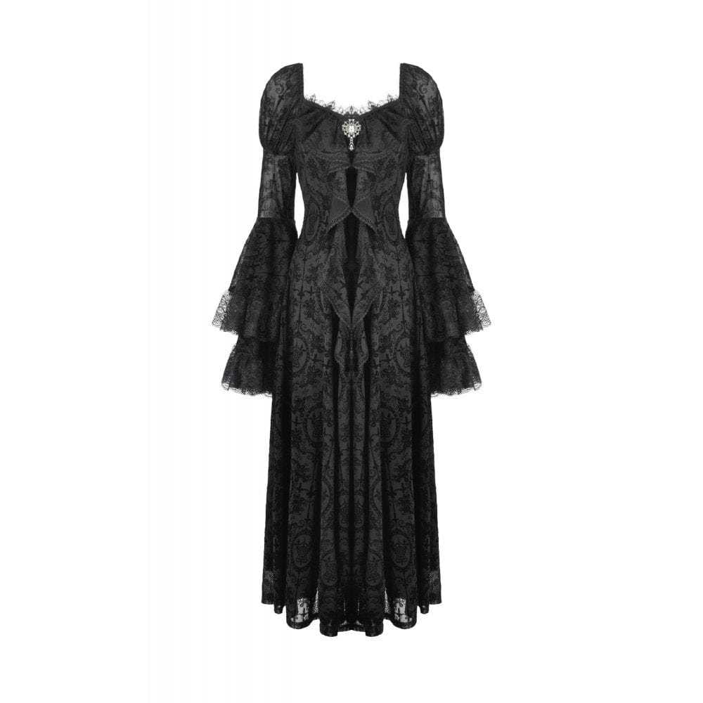 Darkinlove Women's Gothic Floral Embroidered Diamante Flared Sleeved Maxi Dress